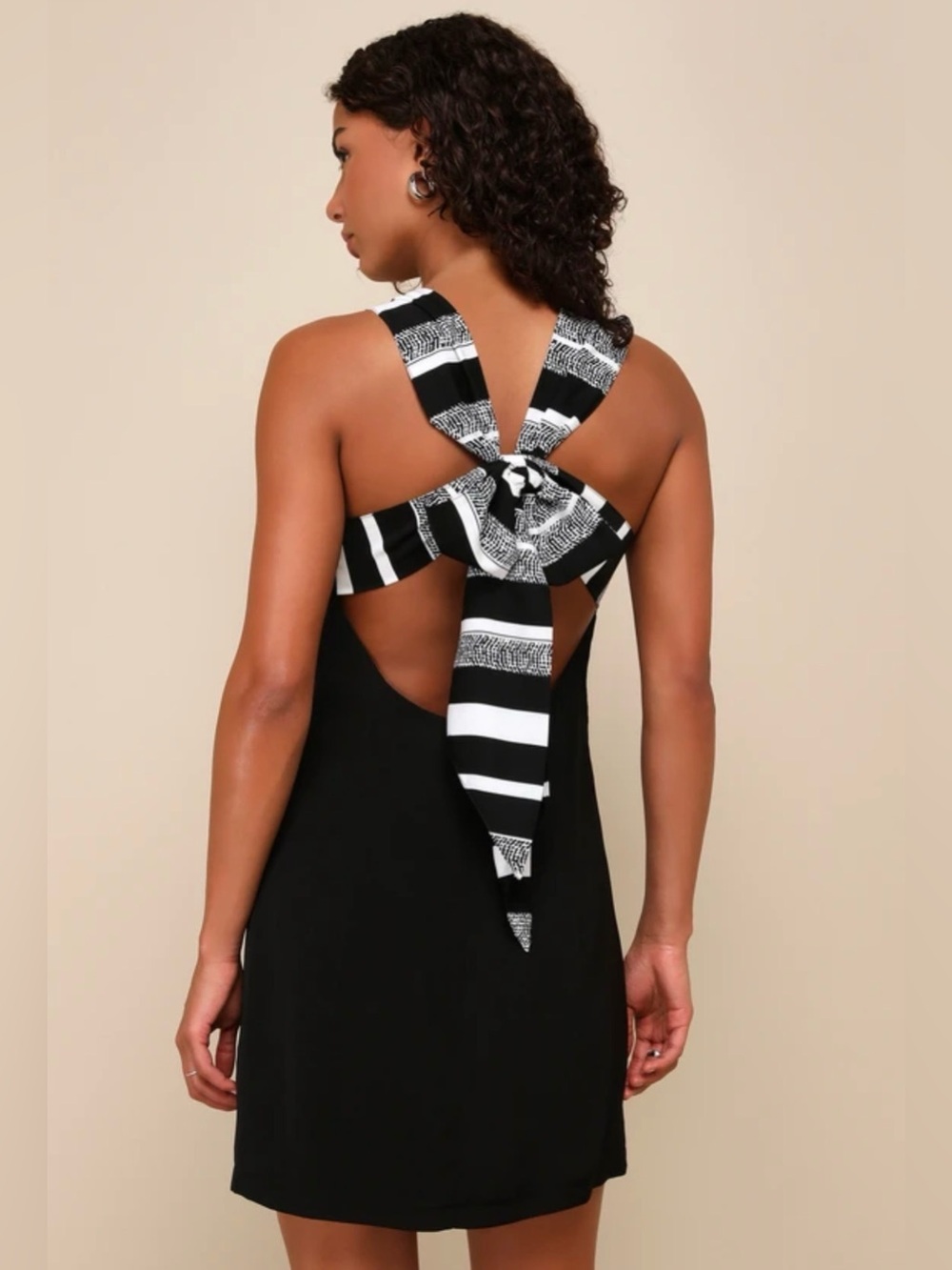 Lulu's little black dress joyful Black Multi Stripe Tie-Back Mini Dress size L